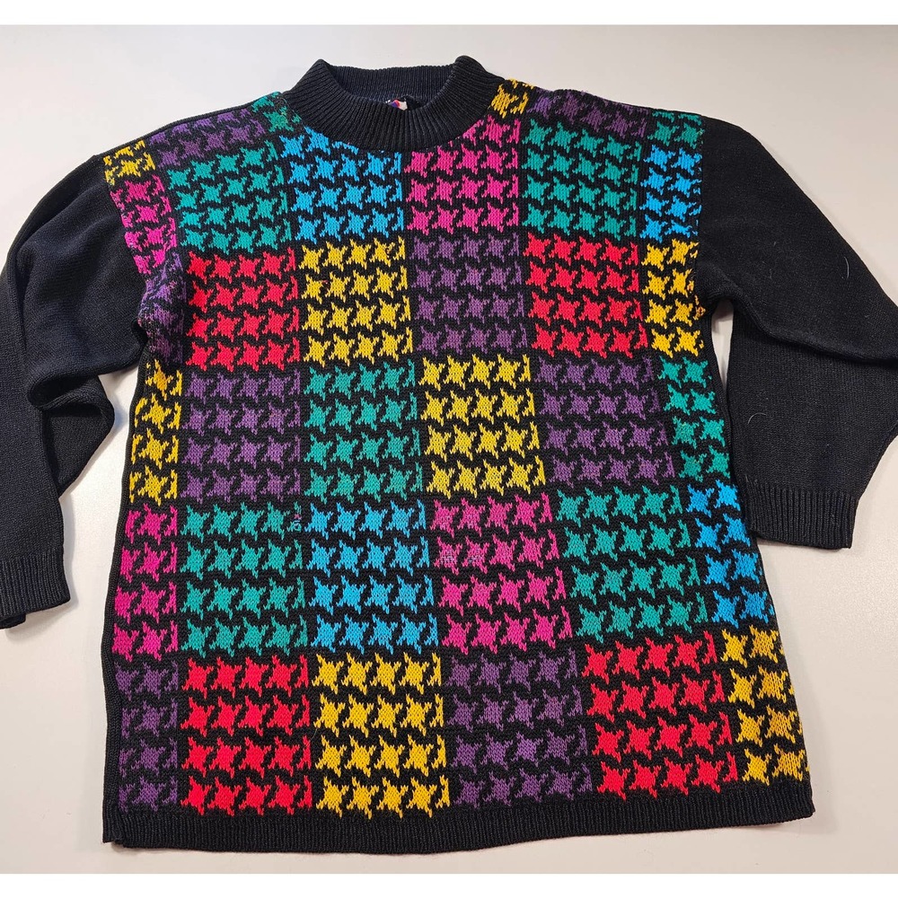 Vintage colorblock houndstooth bright 80s unique unisex? Medium USA - Picture 3 of 8